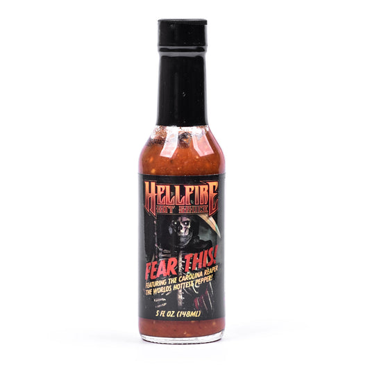 Hellfire Hot Sauce Fear This je večkrat nagrajena Carolina Reaper omaka s 60% čili mase, z dodatki čebule, česna, sušenih paradižnikov, limone, limete in začimb, znana iz Hot Ones in Maxim.