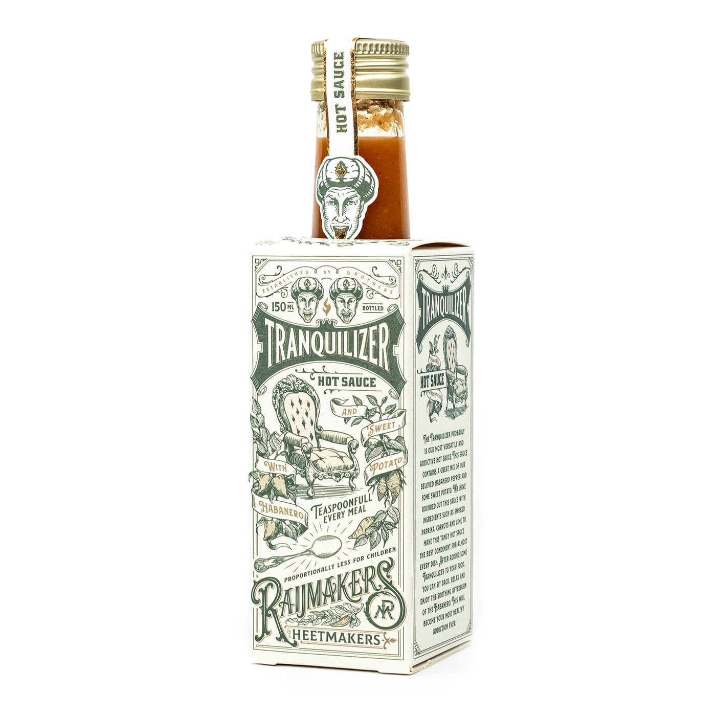 Steklenička omake Raijmakers Heetmakers Tranquilizer s kombinacijo ananasa, ingverja in habanero čilijev - srednje pekoča sadna omaka iz Nizozemske