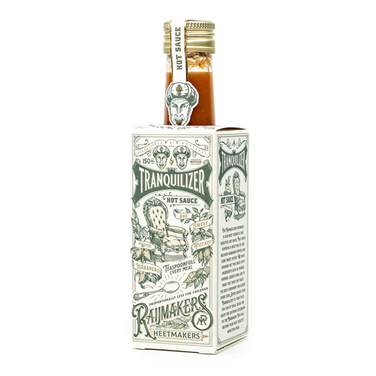 Steklenička omake Raijmakers Heetmakers Tranquilizer s kombinacijo ananasa, ingverja in habanero čilijev - srednje pekoča sadna omaka iz Nizozemske