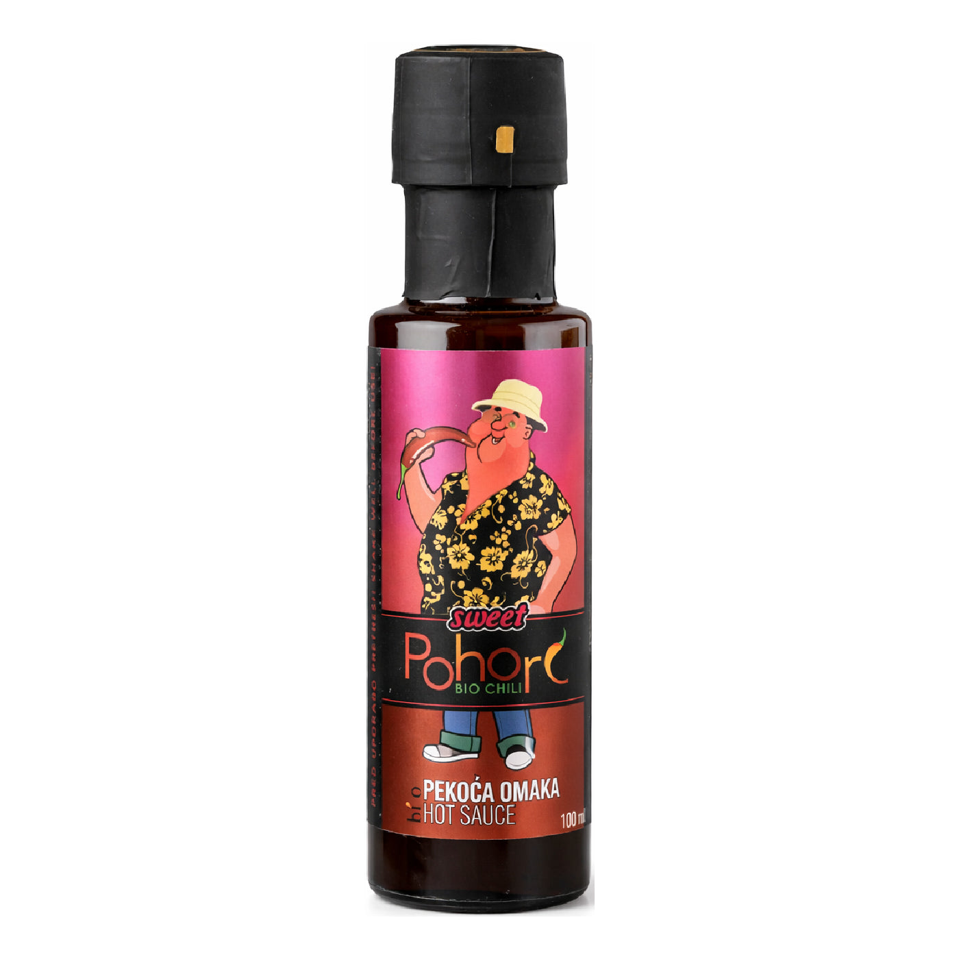 Čili omaka Pohorc SWEET s svežimi malinami in habanero gold čiliji. Srednje pikantna sadna omaka iz ekoloških sestavin.