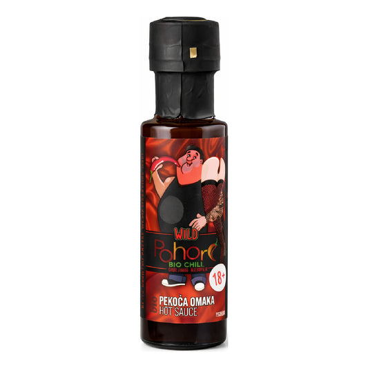 Čili omaka Pohorc WILD s svežimi čiliji Carolina Reaper je zelo pikantna omaka iz ekoloških sestavin, pripravljena na odprtem ognju.