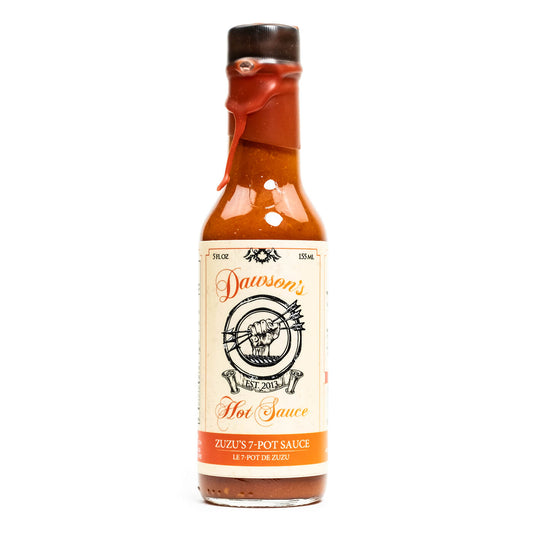 Dawson's Zuzu's 7-Pot pekoča omaka iz serije Hot Ones s 7 pot čiliji, sambuko, koromačem in javorjevim sirupom. Ekstremno pikantna in kompleksna pekoča omaka