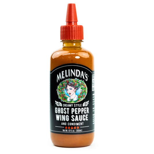 Melinda's Creamy Ghost Pepper je kremasta pekoča omaka z ghost, kajensko in habanero papriko, obogatena z zelenjavo in česnom, popolna za krilca, rakce in sendviče.