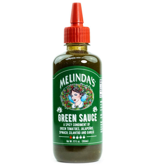 Melinda’s Green Sauce je sveža zelena pekoča omaka z jalapeño čiliji, zelenimi paradižniki, koriandrom, špinačo, limeto in habanerom, popolna za azijske in latinske jedi.