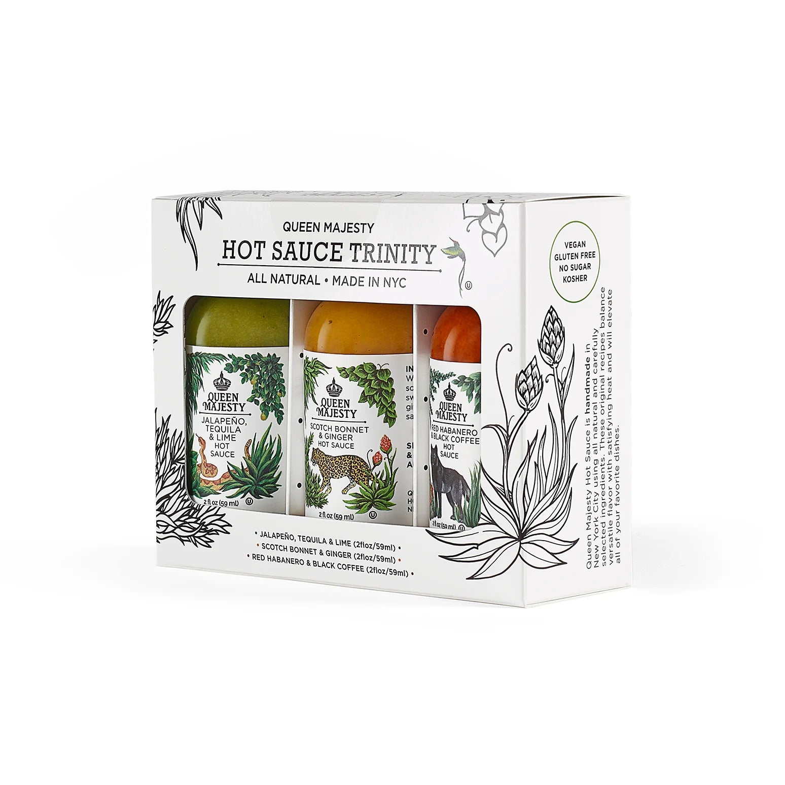 Queen Majesty Mini Trio Pack komplet s tremi craft pekočimi omakami različnih stilov, od jalapeño in limete do habanera, kave in Scotch Bonnet čilijev.