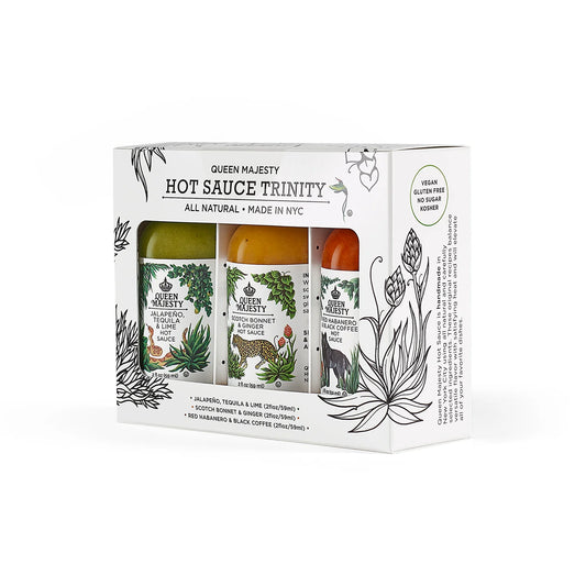 Queen Majesty Mini Trio Pack komplet s tremi craft pekočimi omakami različnih stilov, od jalapeño in limete do habanera, kave in Scotch Bonnet čilijev.