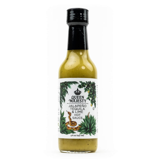 Queen Majesty Jalapeño Tequila & Lime je pekoča omaka s svežimi jalapeño čiliji, tekilo in limeto, odlična za ribe, tacose, jajca in solate.