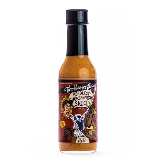 Torchbearer Headless Horseradish pekoča omaka z Ghost Pepper čiliji in dimljenim hrenom. Kremasta tekstura, česen, dimljenost in počasna pikantnost - idealna za meso, sendviče in dip-e.